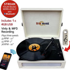 Retro Musique Bluetooth Suitcase Style Record Player With FM Radio LED Display Panel, Built-in Speakers - USB-TF Card Reader includes 1 x 4GB USB - Cream