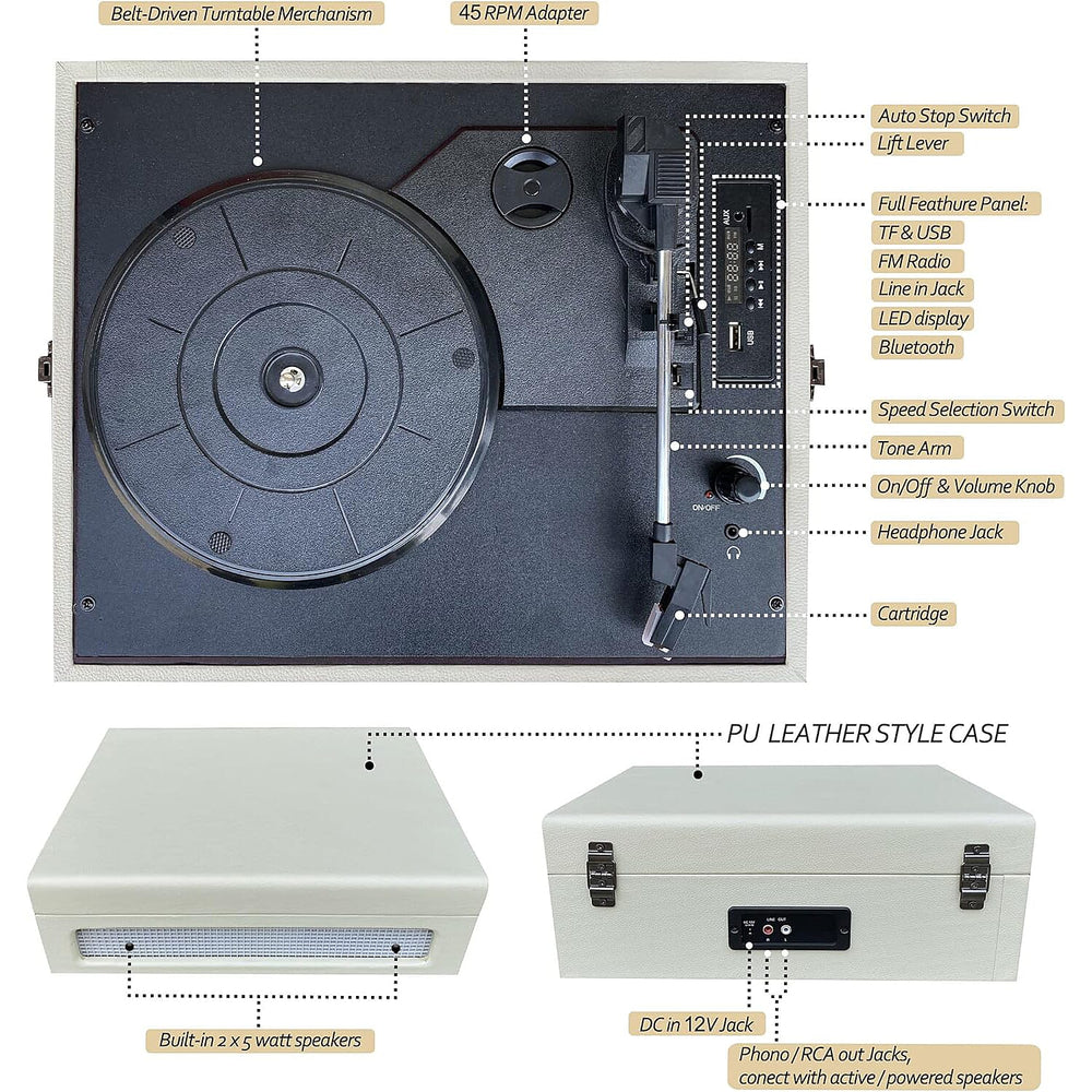 Retro Musique Bluetooth Suitcase Style Record Player With FM Radio LED Display Panel, Built-in Speakers - USB-TF Card Reader includes 1 x 4GB USB - Cream