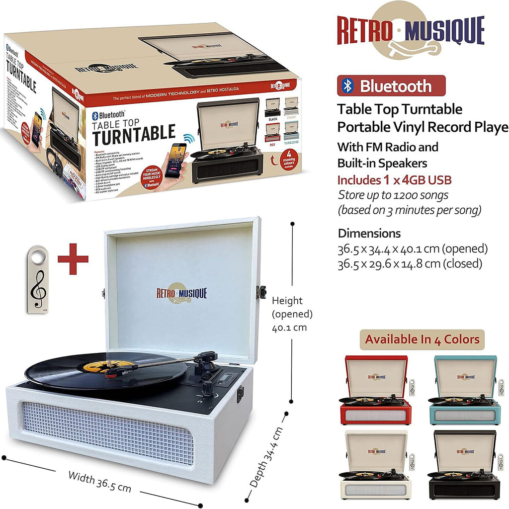 Retro Musique Bluetooth Suitcase Style Record Player With FM Radio LED Display Panel, Built-in Speakers - USB-TF Card Reader includes 1 x 4GB USB - Cream