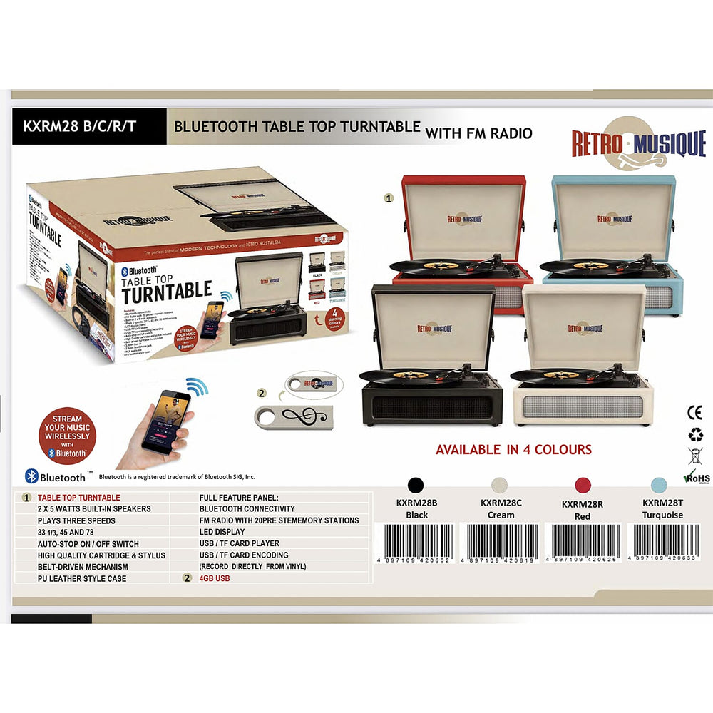 Retro Musique Bluetooth Suitcase Style Record Player With FM Radio LED Display Panel, Built-in Speakers - USB-TF Card Reader includes 1 x 4GB USB - Cream