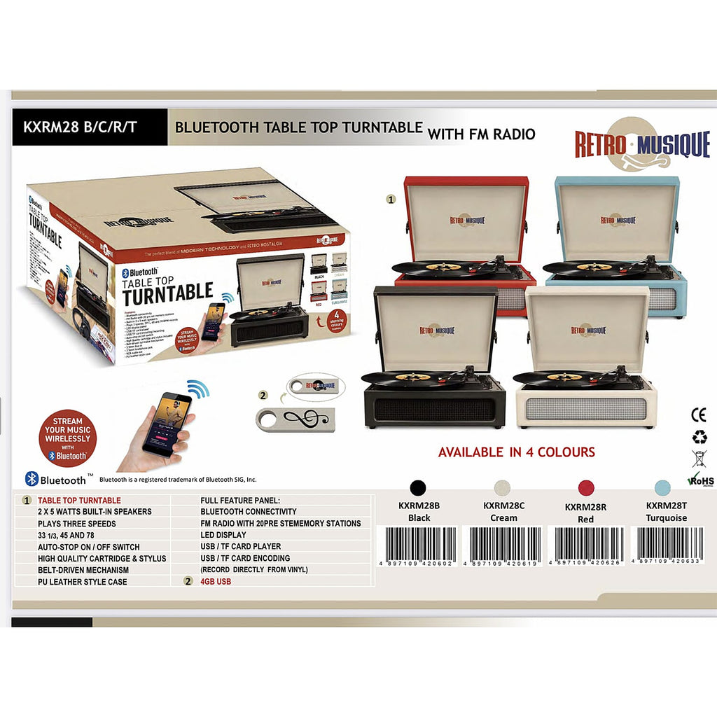 Retro Musique Bluetooth Suitcase Style Record Player With FM Radio LED Display Panel, Built-in Speakers - USB-TF Card Reader includes 1 x 4GB USB - Cream