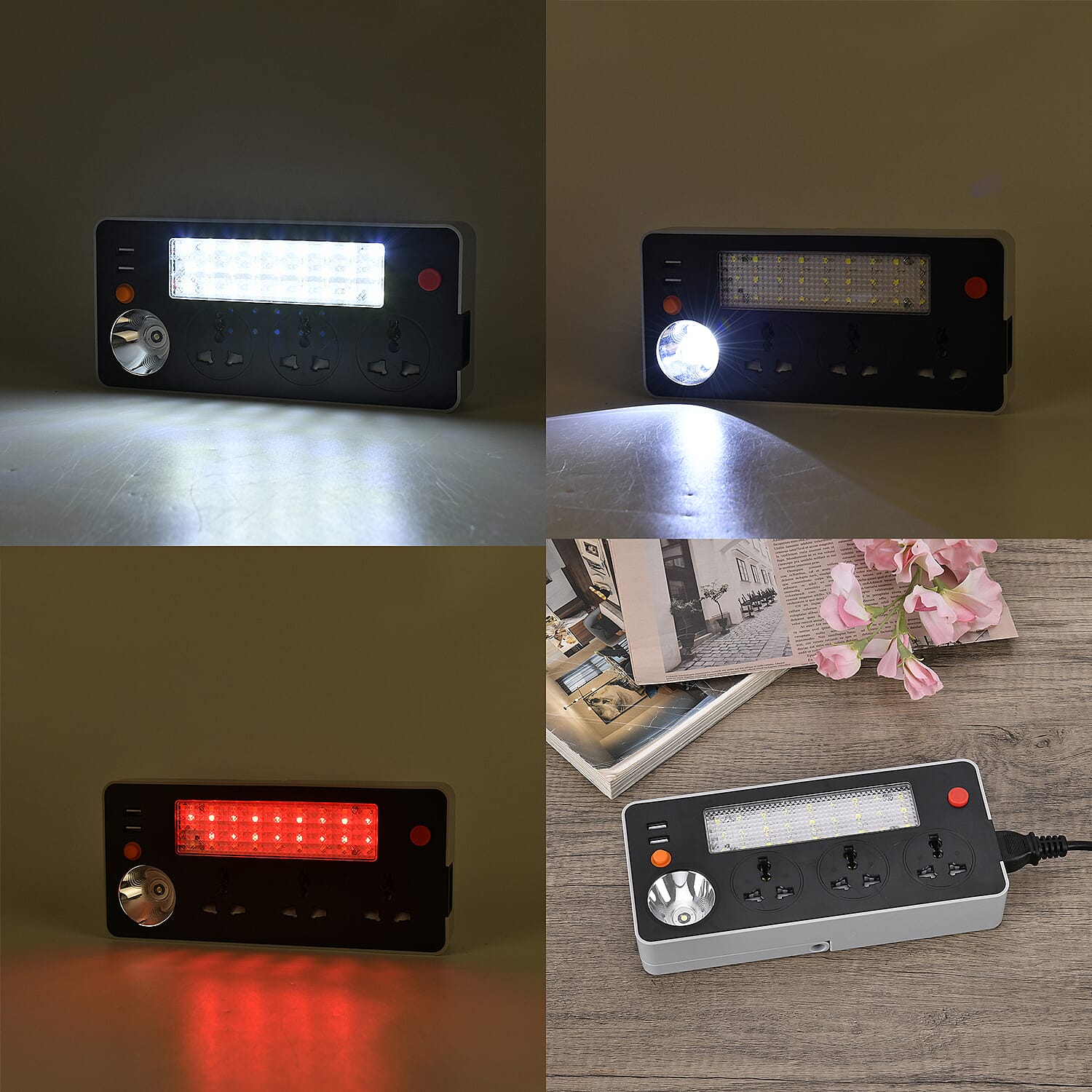 Multifunctional Power Strip with 3x 3 Pin Plug Sockets, 2x Usb Sockets, 3x Light Modes, Acts as a Power Bank with Rechargable Batteries, 1.5M Lead