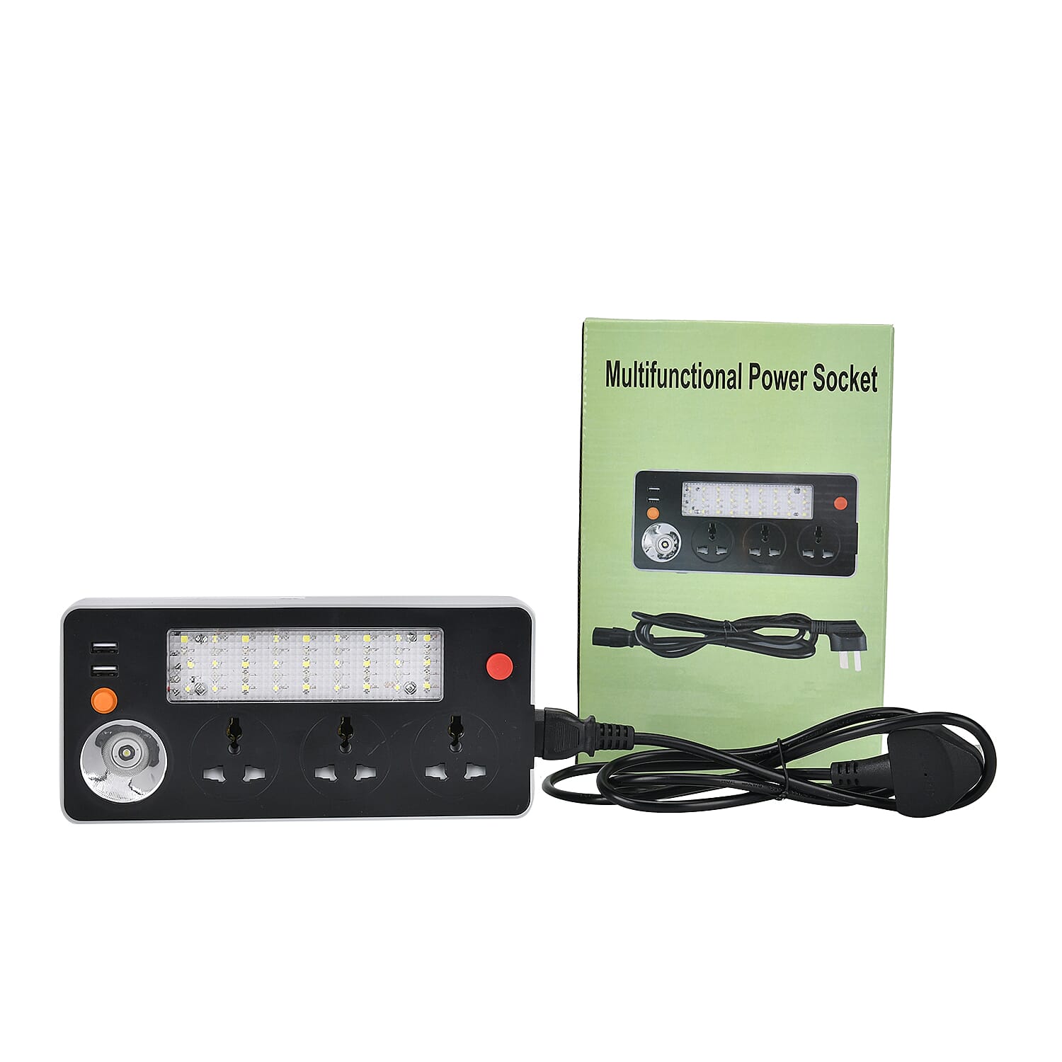 Multifunctional Power Strip with 3x 3 Pin Plug Sockets, 2x Usb Sockets, 3x Light Modes, Acts as a Power Bank with Rechargable Batteries, 1.5M Lead