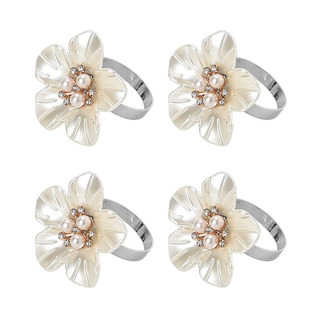 Set of 4 Napkin Rings in Box with White Plum Stick Floral Design