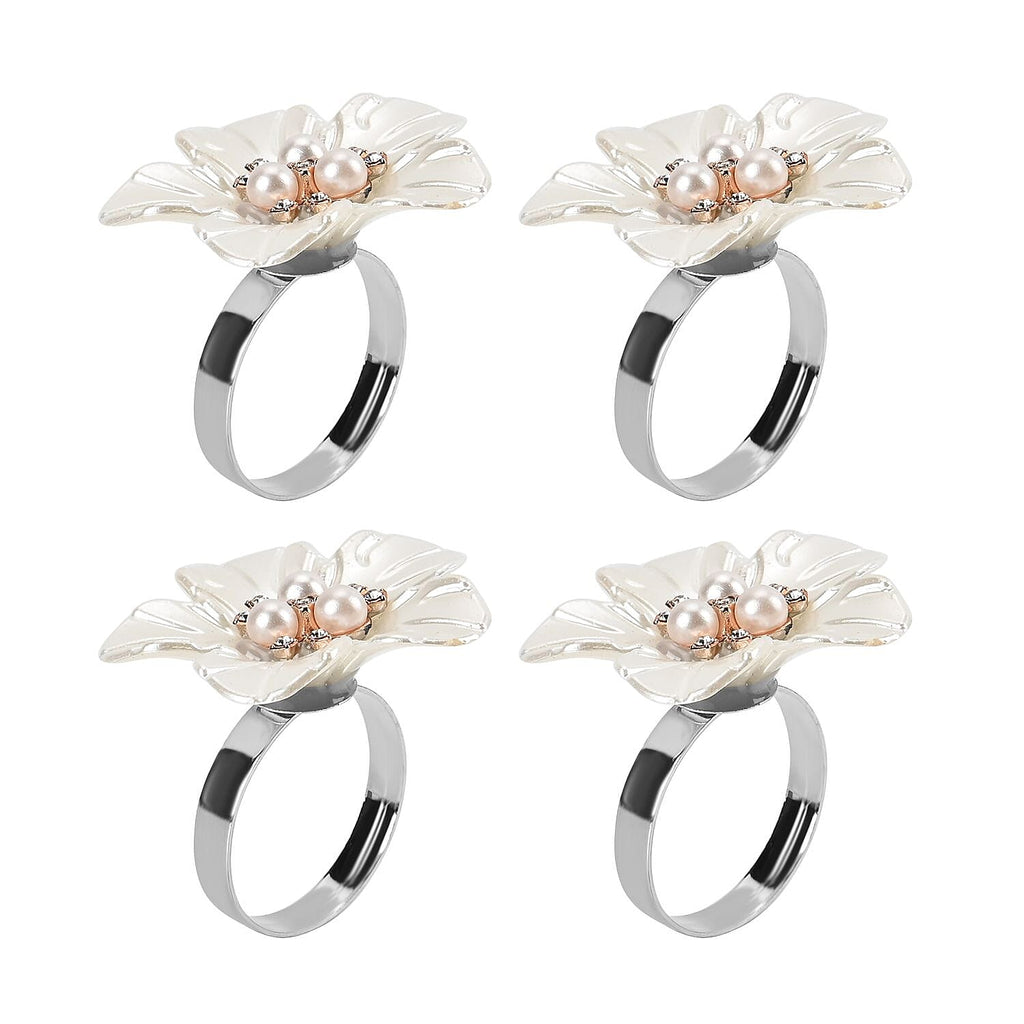 Set of 4 Napkin Rings in Box with White Plum Stick Floral Design