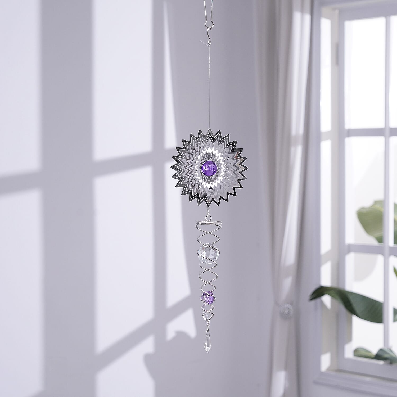 Hanging Magic Kinetic Sculpture Zigzag Circle Wind Spinner - Silver