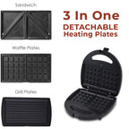 3 in 1 Non-Stick Grill, Toastie and Waffle Maker - 750W.