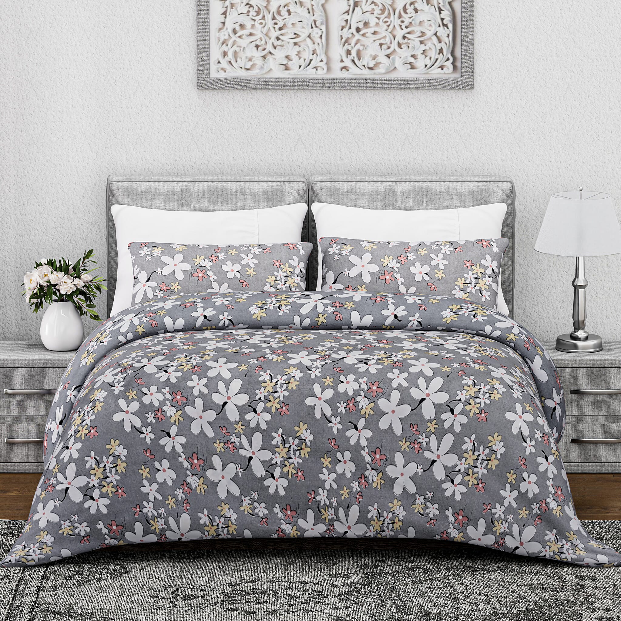 Homesmart 3-Piece Floral Print Duvet Set with Pillow Covers & Storage Bag (Size King) - Grey