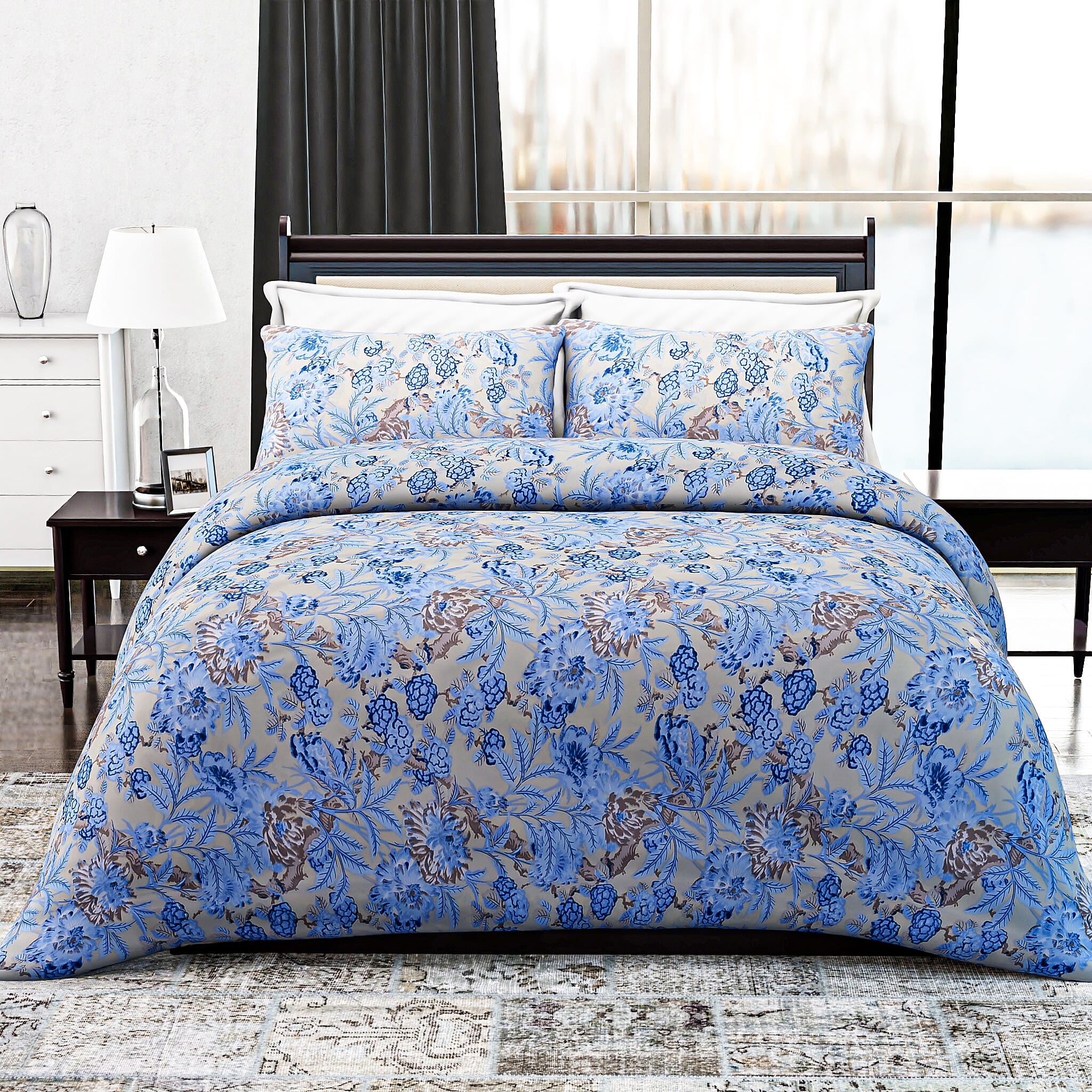 Homesmart 3-Piece Printed Duvet Set with Pillow Covers & Storage Bag (Size Double) - Light Yellow & Blue