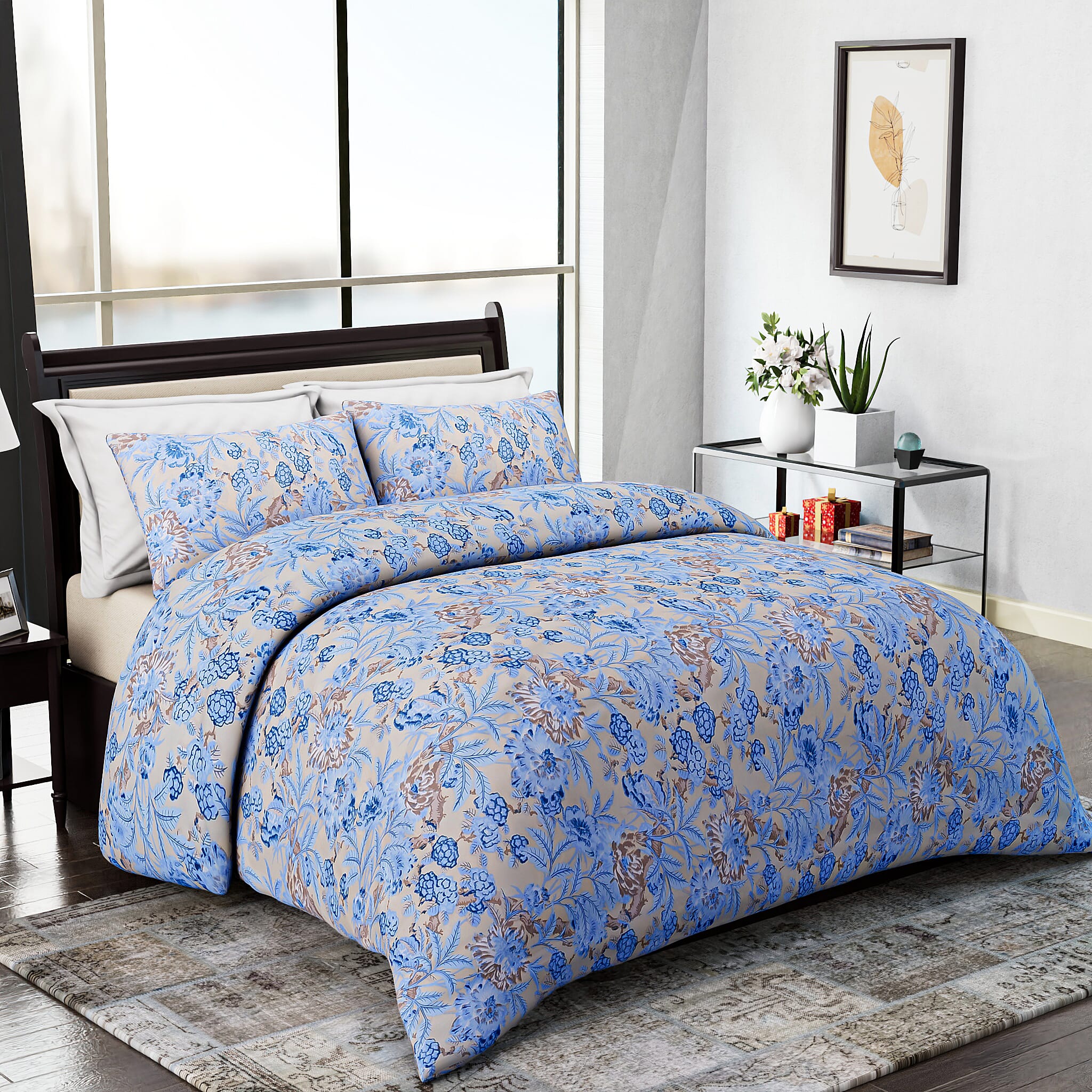 Homesmart 3-Piece Printed Duvet Set with Pillow Covers & Storage Bag (Size Double) - Light Yellow & Blue