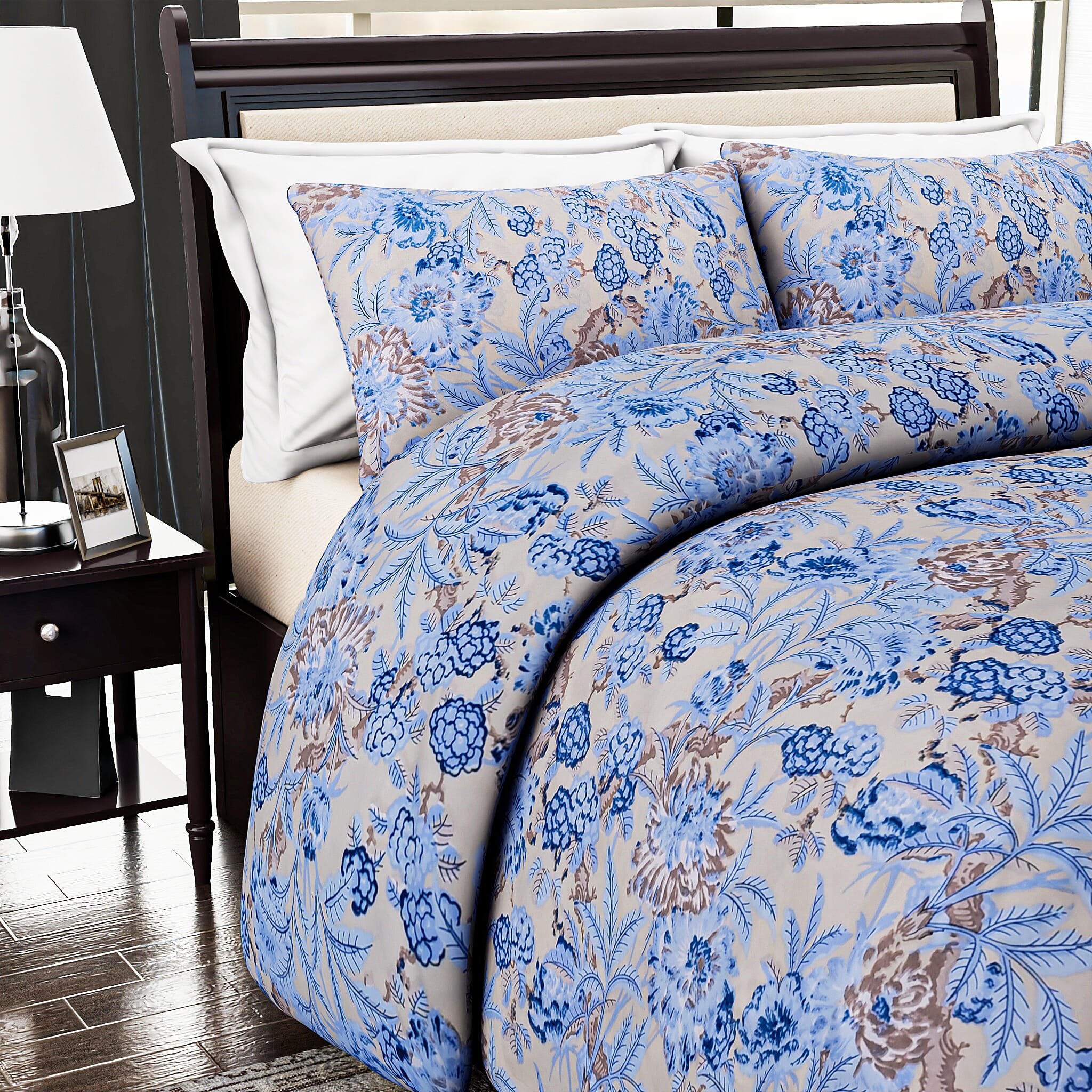 Homesmart 3-Piece Printed Duvet Set with Pillow Covers & Storage Bag (Size Double) - Light Yellow & Blue