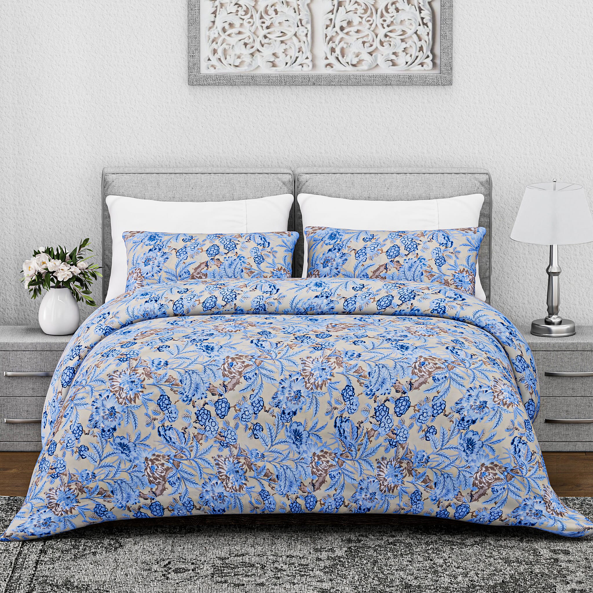 Homesmart 3-Piece Printed Duvet Set with Pillow Covers & Storage Bag (Size King) - Yellow & Blue