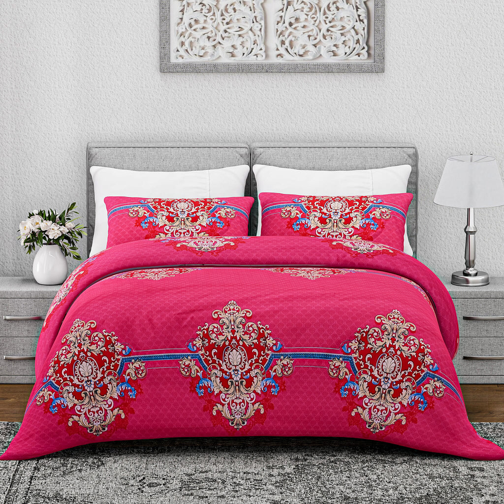 Homesmart 3-Piece Printed Duvet Set with Pillow Covers & Storage Bag (Size King) - Fushia