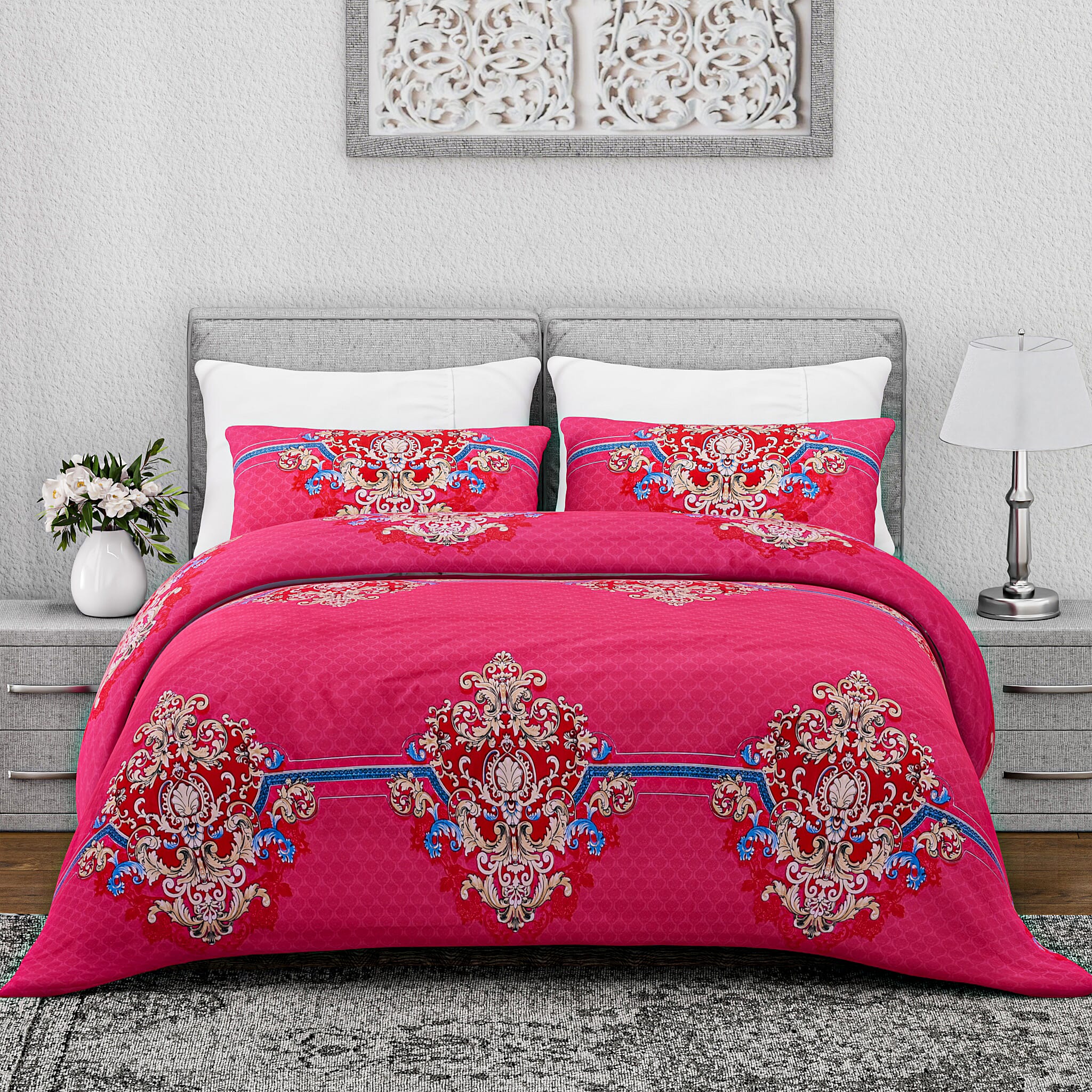 Homesmart 3-Piece Printed Duvet Set with Pillow Covers & Storage Bag (Size King) - Fushia