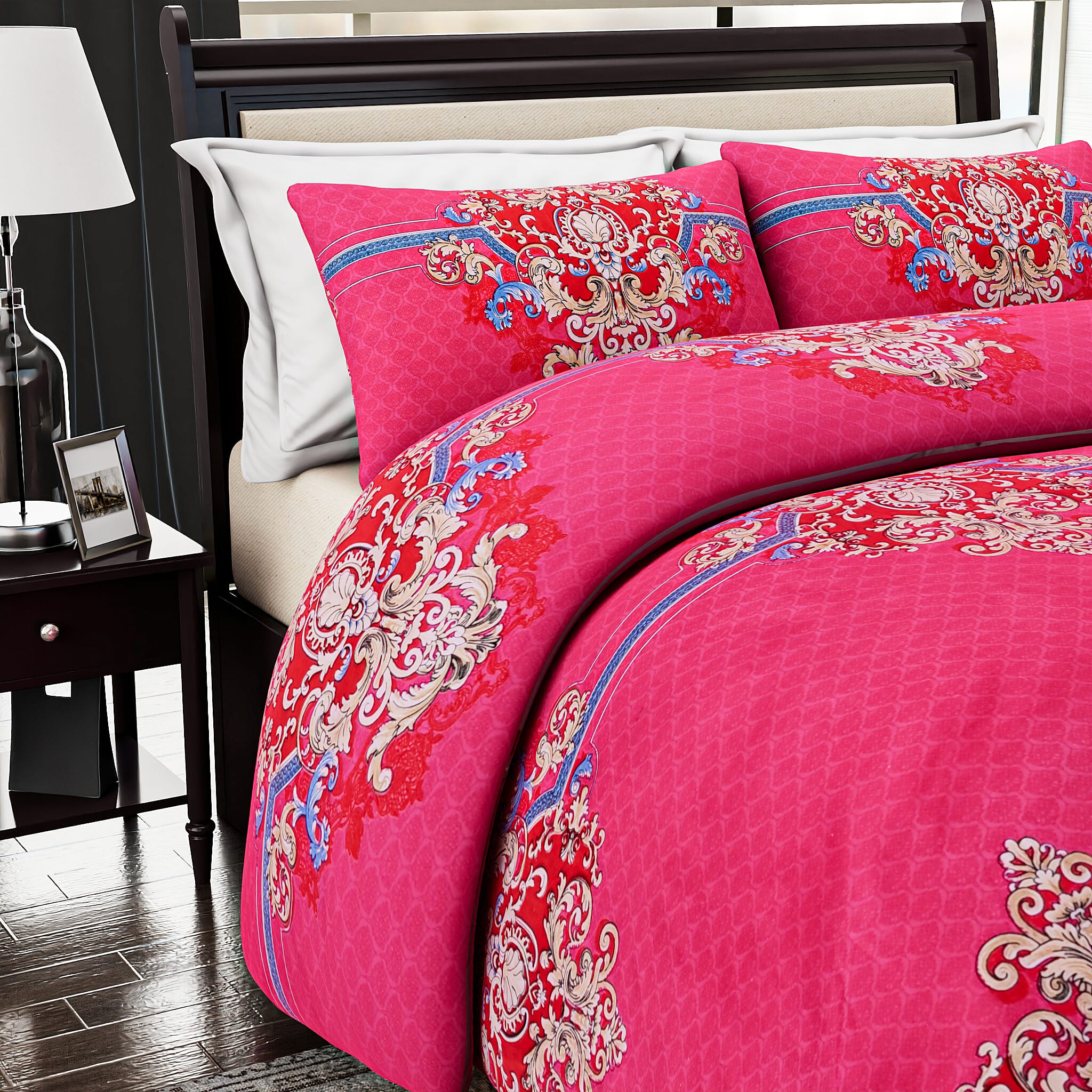 Homesmart 3-Piece Printed Duvet Set with Pillow Covers & Storage Bag (Size King) - Fushia