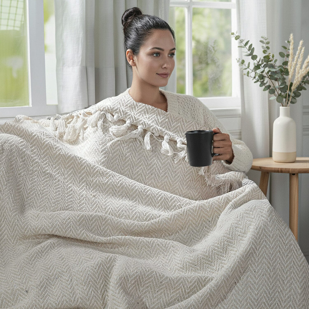 Hush Heaven 100% Soft Cotton Chevron Weaved Throw Blanket (200x150cm) - Cream