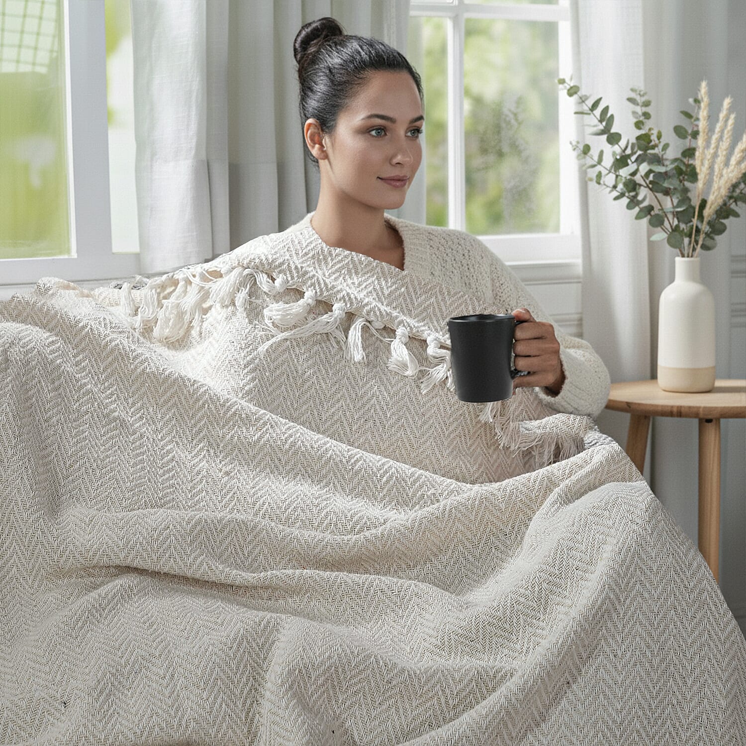 Hush Heaven 100% Soft Cotton Chevron Weaved Throw Blanket (200x150cm) - Cream