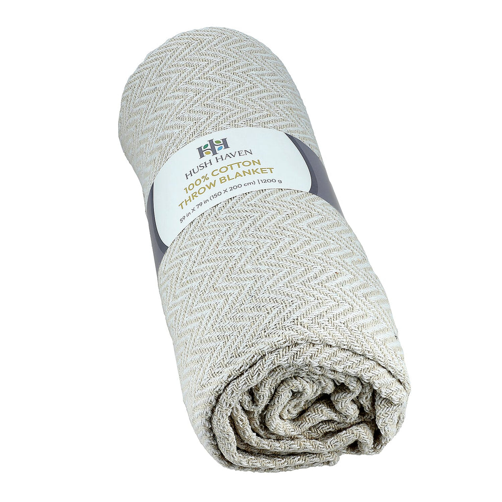 Hush Heaven 100% Soft Cotton Chevron Weaved Throw Blanket (200x150cm) - Cream