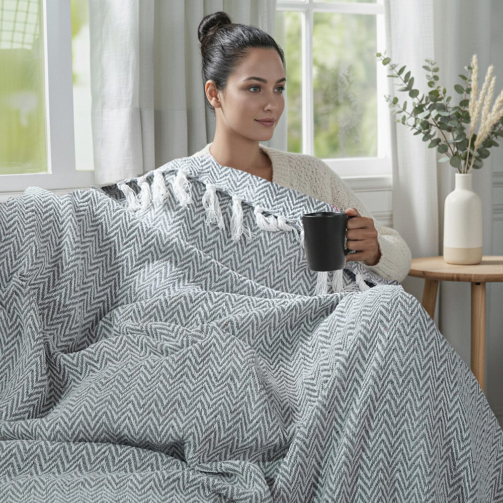 Hush Heaven 100% Soft Cotton Chevron Weaved Throw Blanket (200x150cm) - Grey