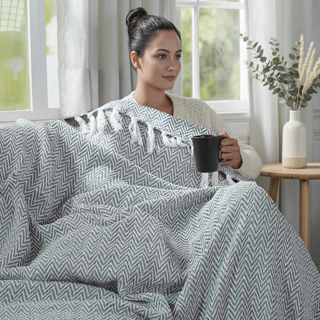 Hush Heaven 100% Soft Cotton Chevron Weaved Throw Blanket (200x150cm) - Grey