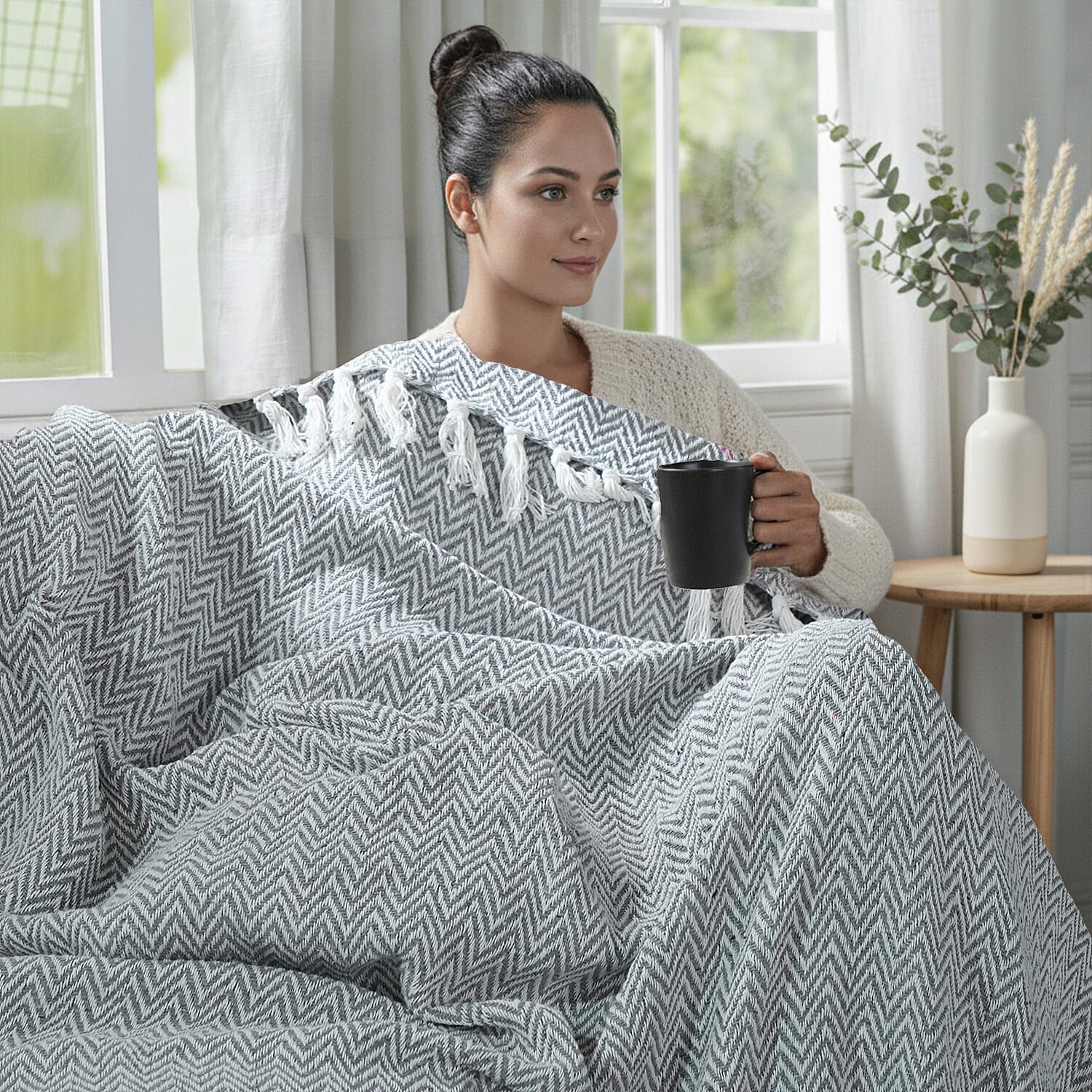 Hush Heaven 100% Soft Cotton Chevron Weaved Throw Blanket (200x150cm) - Grey