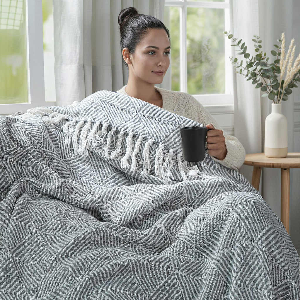 Hush Heaven 100% Soft Cotton Triangle Weaved Throw Blanket (200x150cm) - Grey