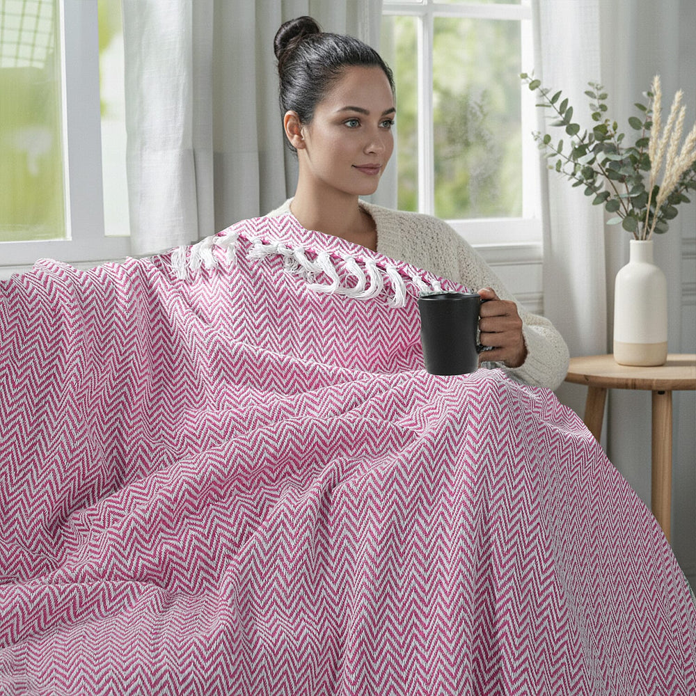 Hush Heaven 100% Soft Cotton Chevron Weaved Throw Blanket (200x150cm) - Light Pink