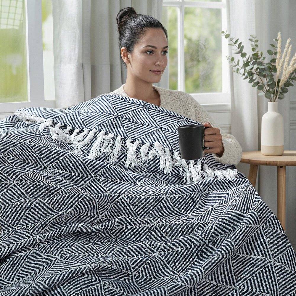 Hush Heaven 100% Soft Cotton Triangle Weaved Throw Blanket (200x150cm) - Navy