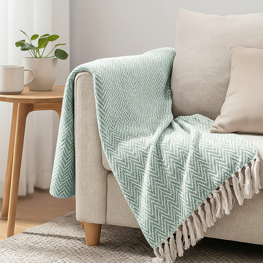 Hush Heaven 100% Soft Cotton Chevron Weaved Throw Blanket (200x150cm) - Sage Green