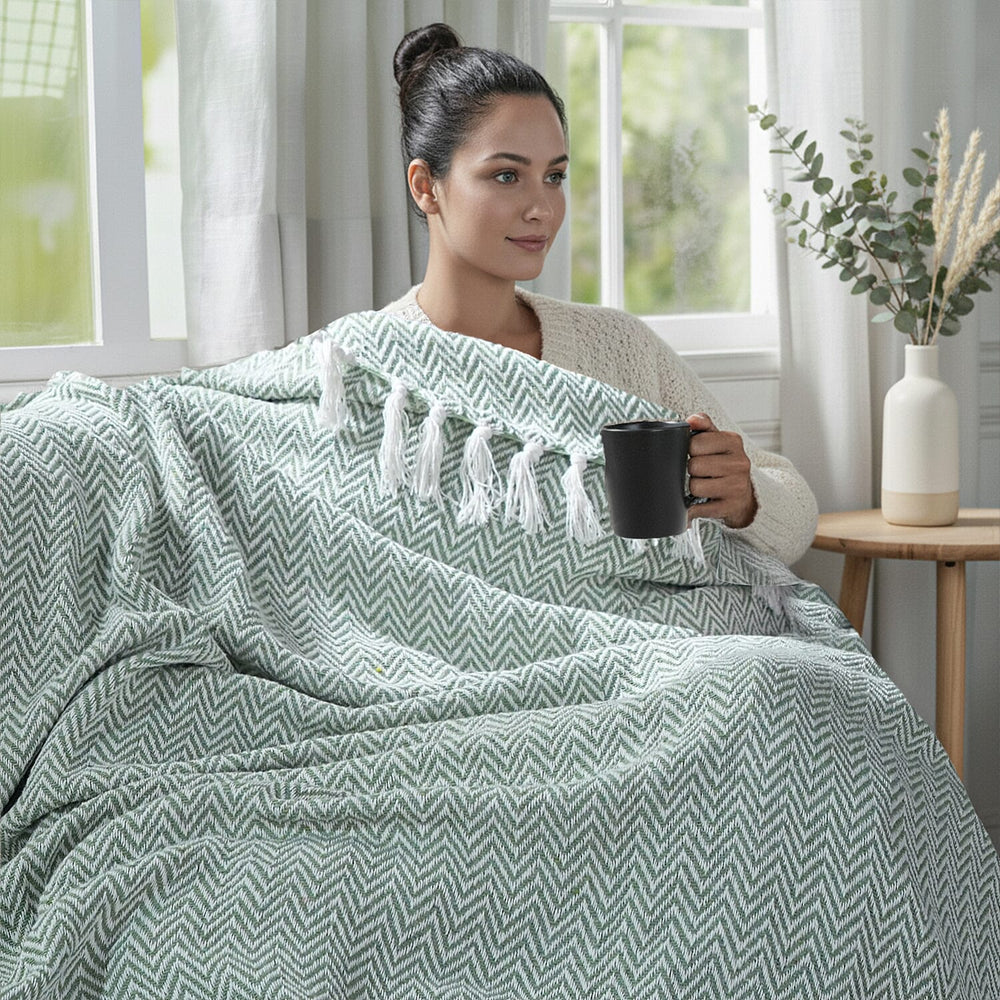 Hush Heaven 100% Soft Cotton Chevron Weaved Throw Blanket (200x150cm) - Sage Green