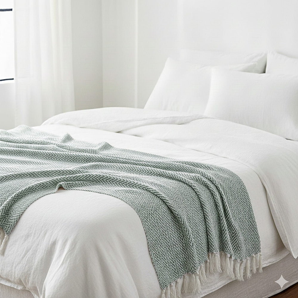 Hush Heaven 100% Soft Cotton Chevron Weaved Throw Blanket (200x150cm) - Sage Green
