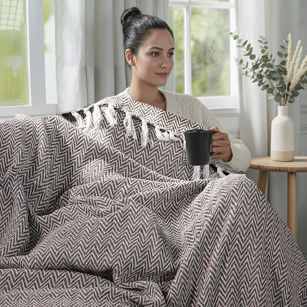 Hush Heaven 100% Soft Cotton Chevron Weaved Throw Blanket (200x150cm) - Taupe