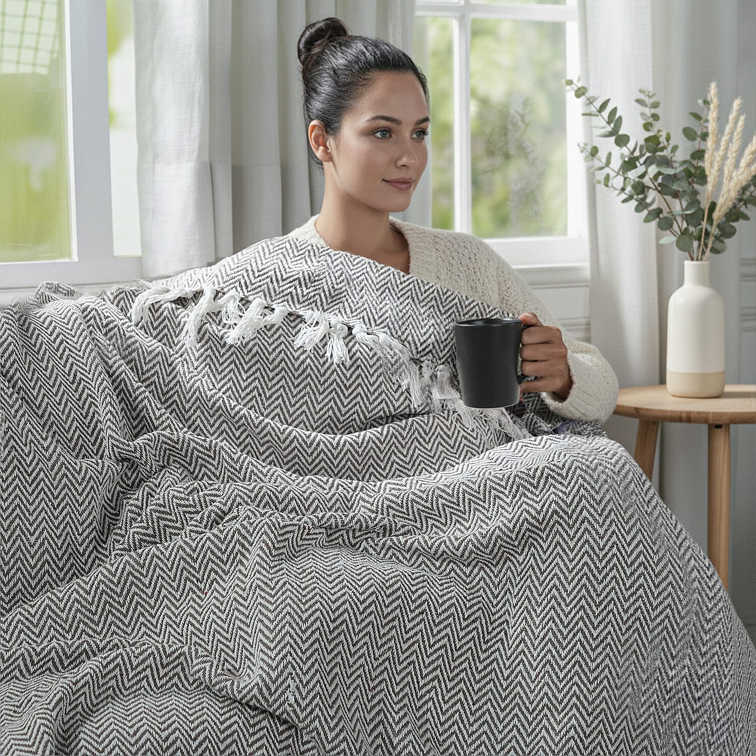 Cotton Chevron Throw Blanket (Size 130 x 160 cm) - Grey
