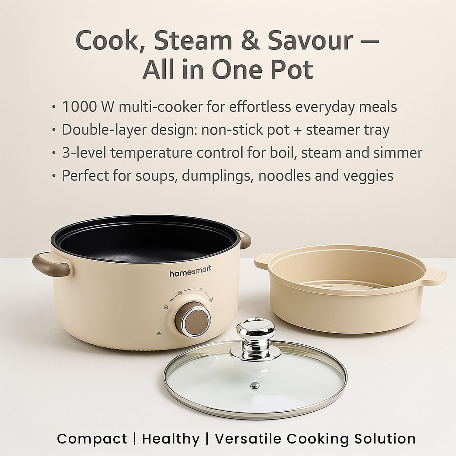THE ONE POT - Electric Cooking Pot with Steamer - 1000W Non-Stick Multi-Cooker (3.2L) - Beige