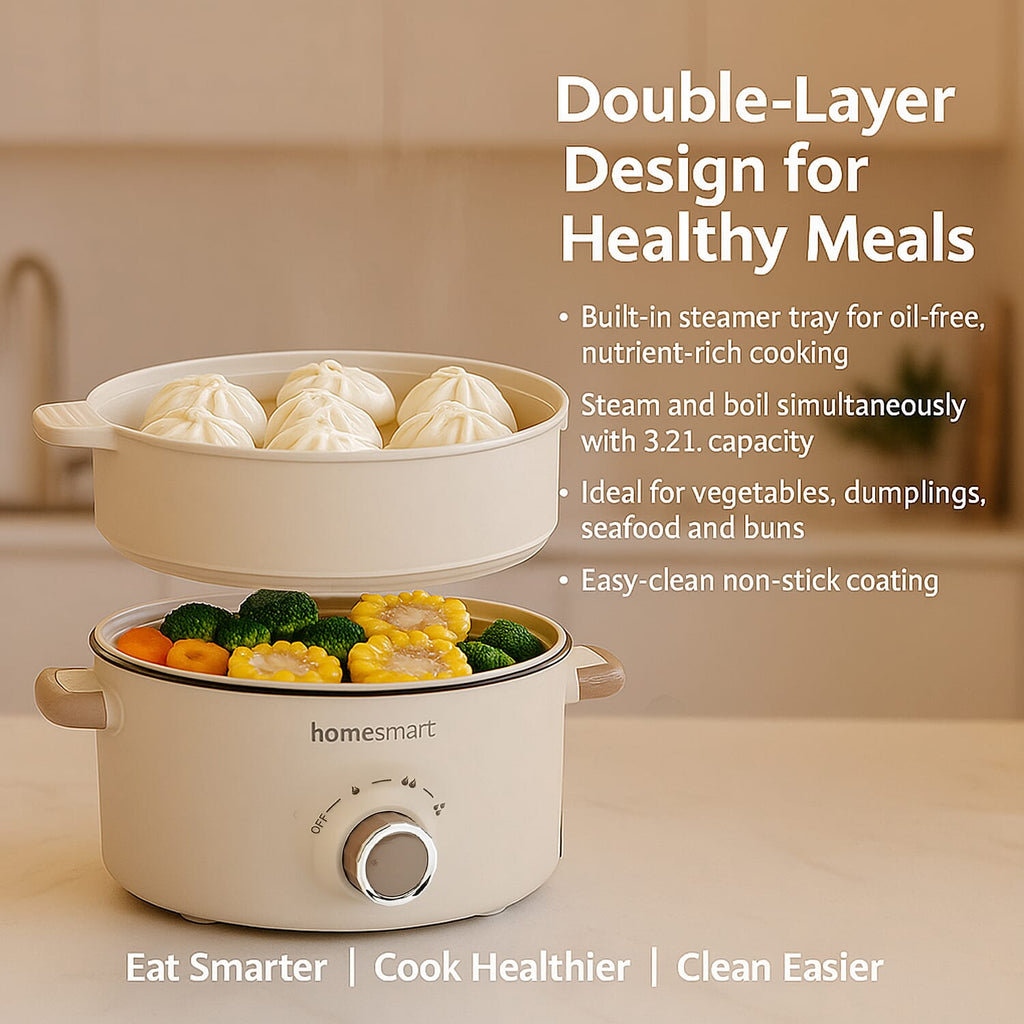 THE ONE POT - Electric Cooking Pot with Steamer - 1000W Non-Stick Multi-Cooker (3.2L) - Beige