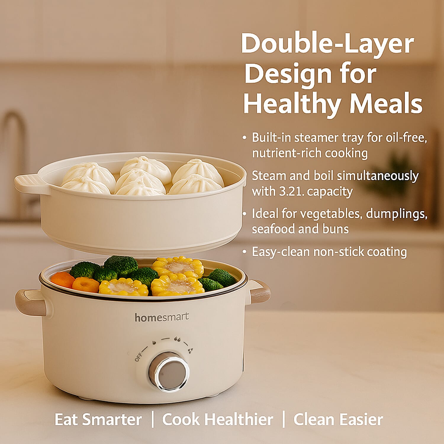 THE ONE POT - Electric Cooking Pot with Steamer - 1000W Non-Stick Multi-Cooker (3.2L) - Beige