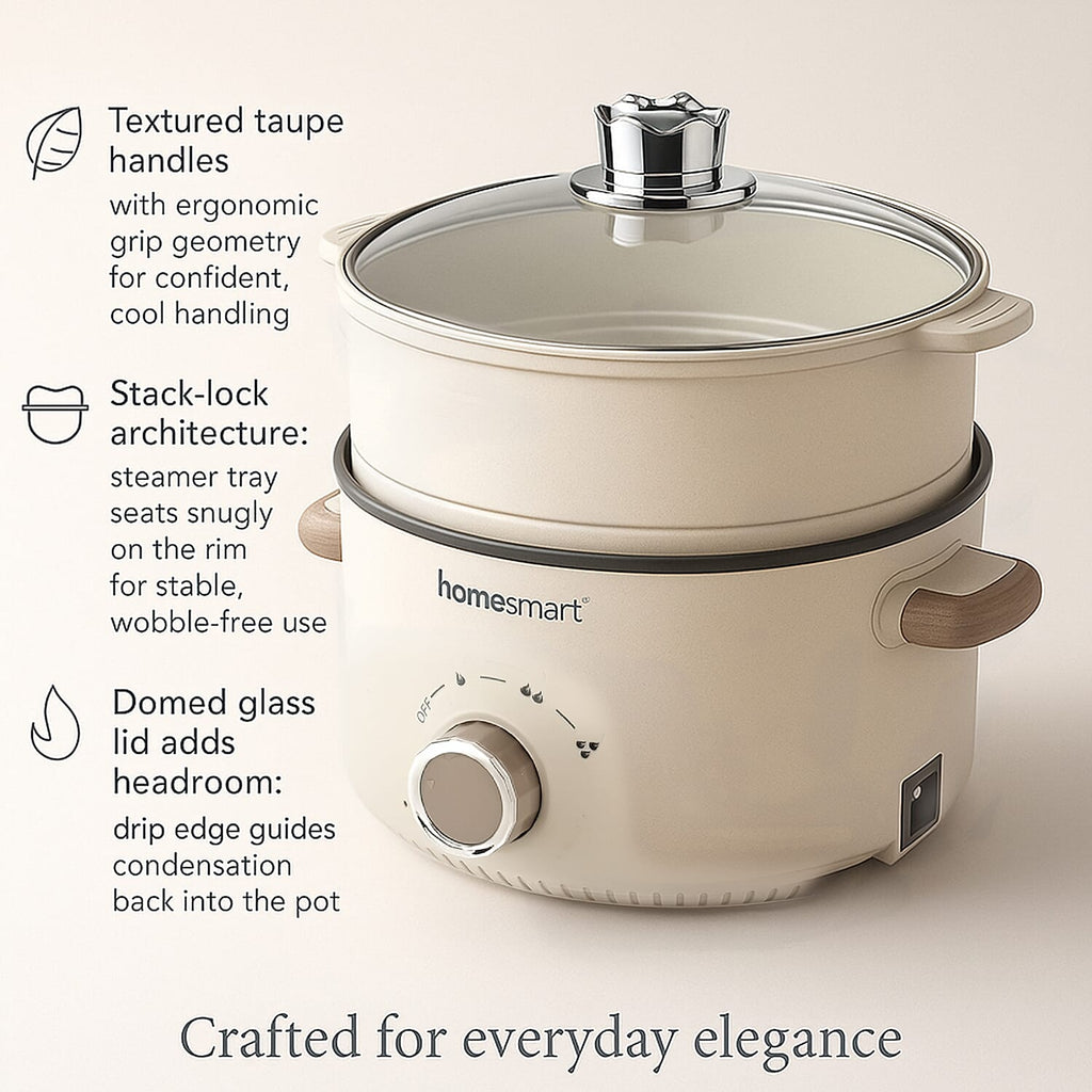 THE ONE POT - Electric Cooking Pot with Steamer - 1000W Non-Stick Multi-Cooker (3.2L) - Beige