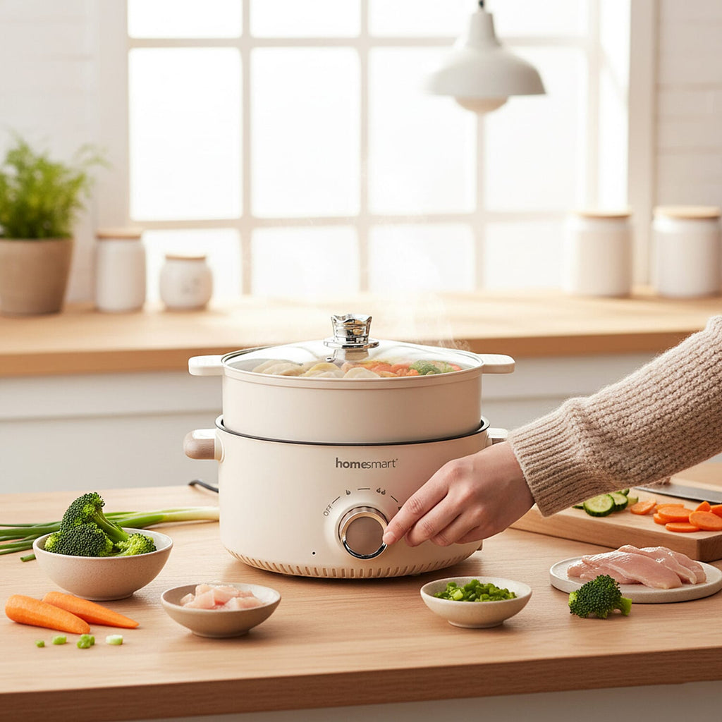 THE ONE POT - Electric Cooking Pot with Steamer - 1000W Non-Stick Multi-Cooker (3.2L) - Beige