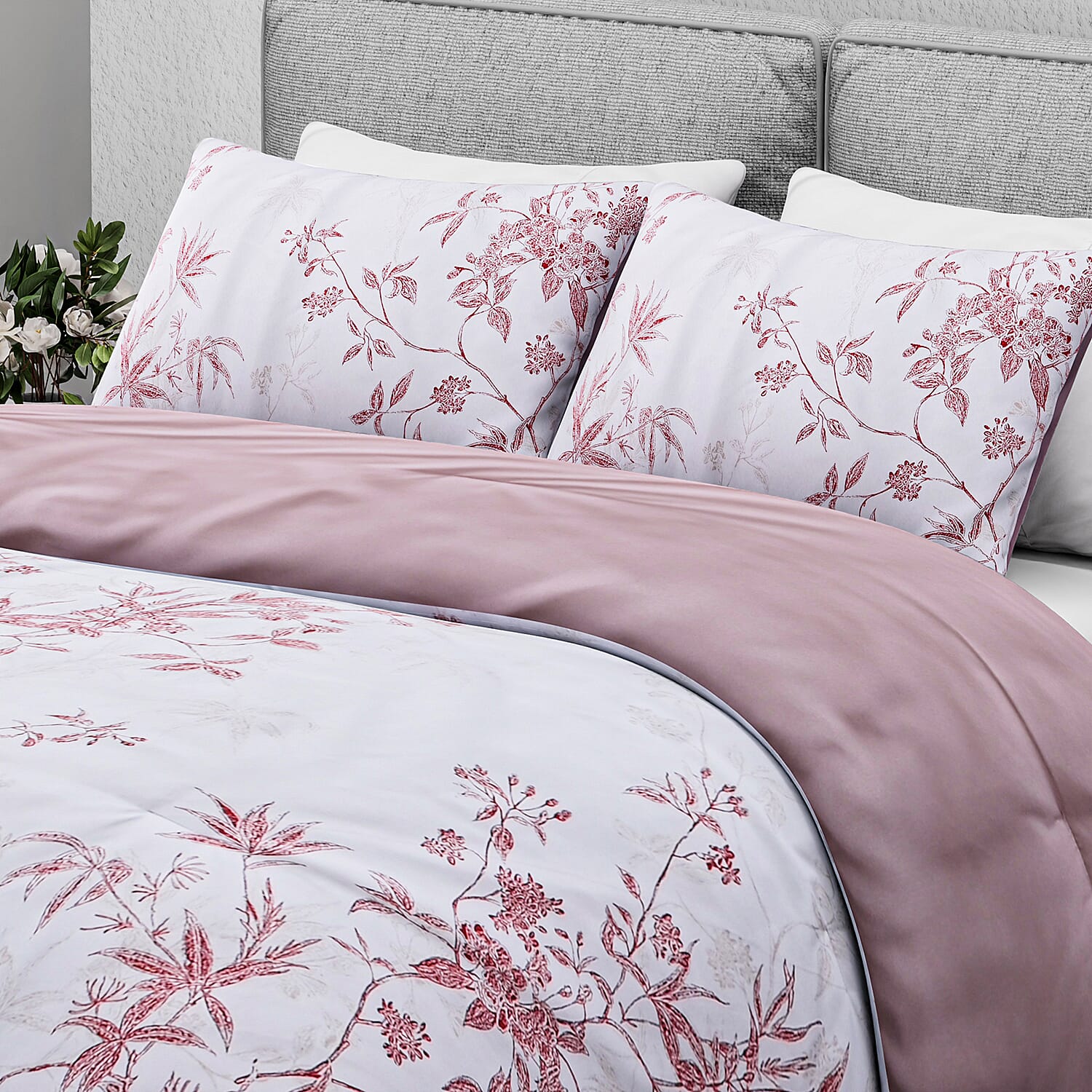 Boutique Bedding Collection - Lightweight Red Flower Design Comforter With 2 Pillowcases (Size King)