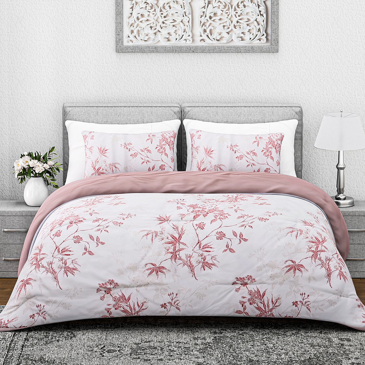 Boutique Bedding Collection - Lightweight Red Flower Design Comforter With 2 Pillowcases (Size King)