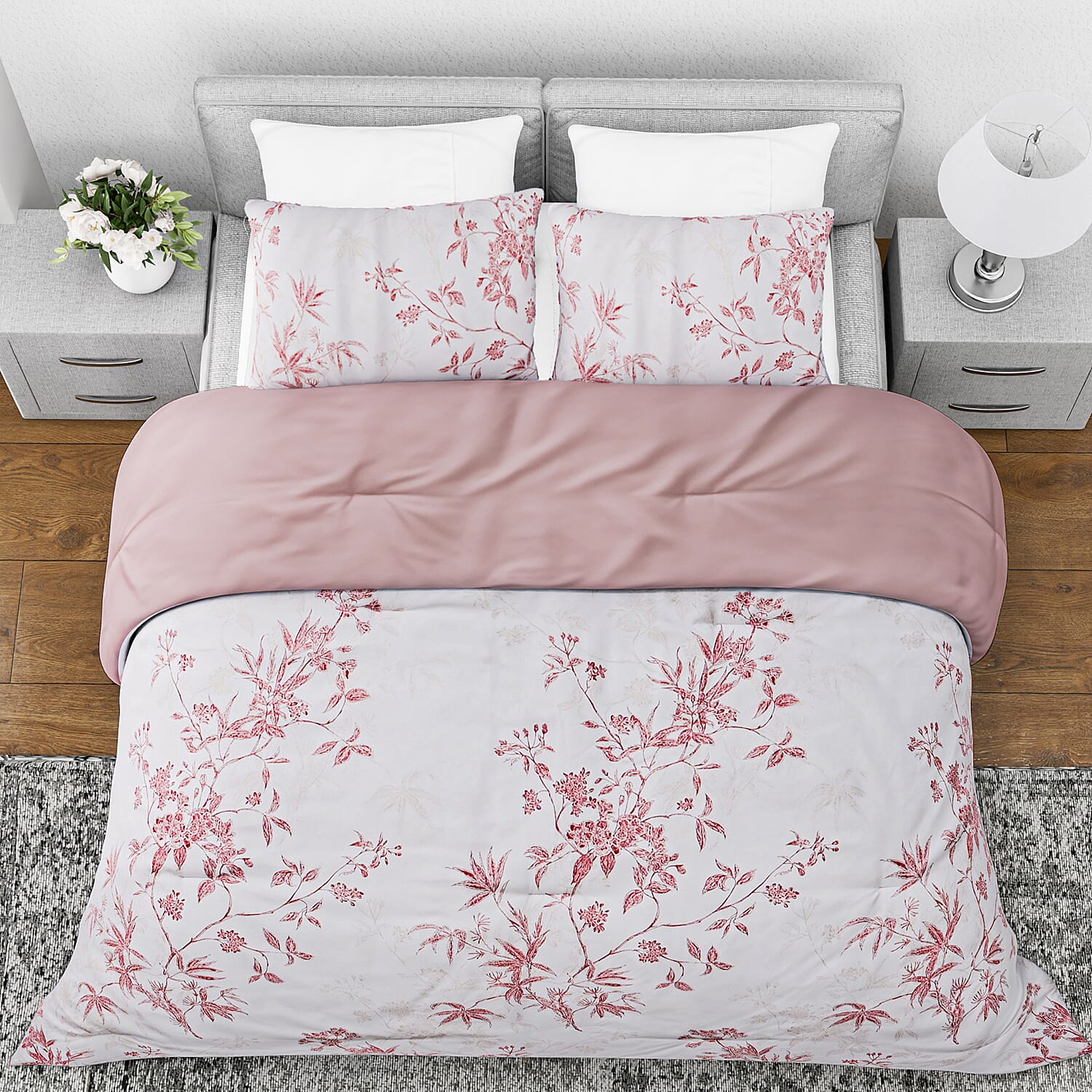 Boutique Bedding Collection - Lightweight Red Flower Design Comforter With 2 Pillowcases (Size King)