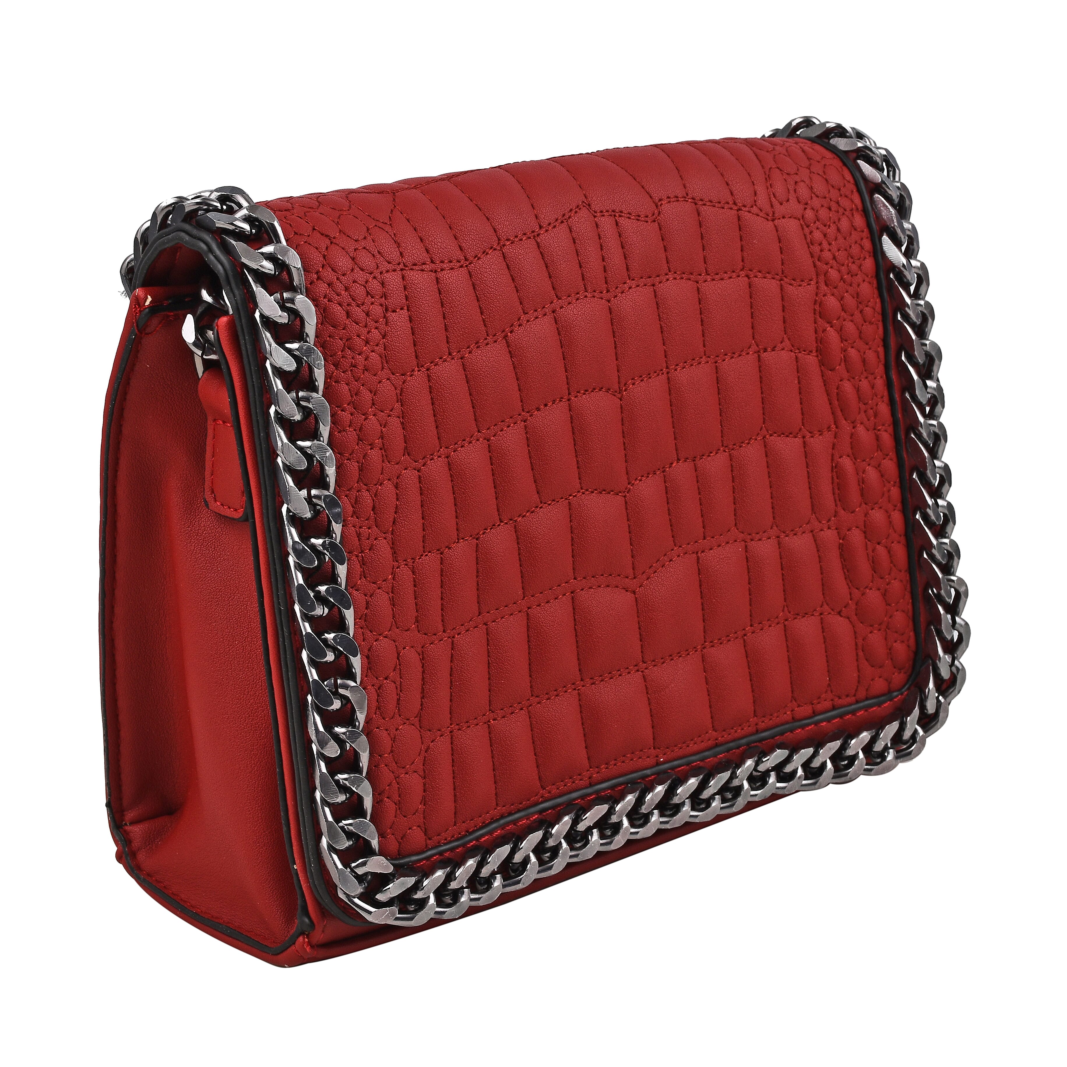 Hong Kong Closeout - Chain Trim Crossbody Handbag with Shoulder Strap - Burgundy