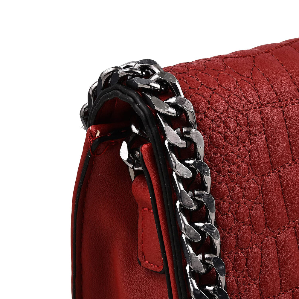 Hong Kong Closeout - Chain Trim Crossbody Handbag with Shoulder Strap - Burgundy