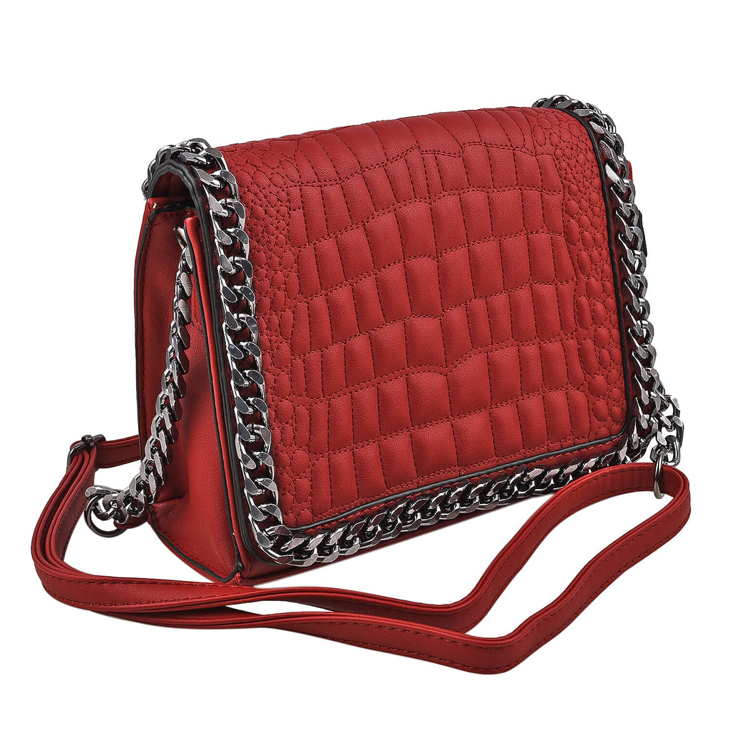 Hong Kong Closeout - Chain Trim Crossbody Handbag with Shoulder Strap - Burgundy