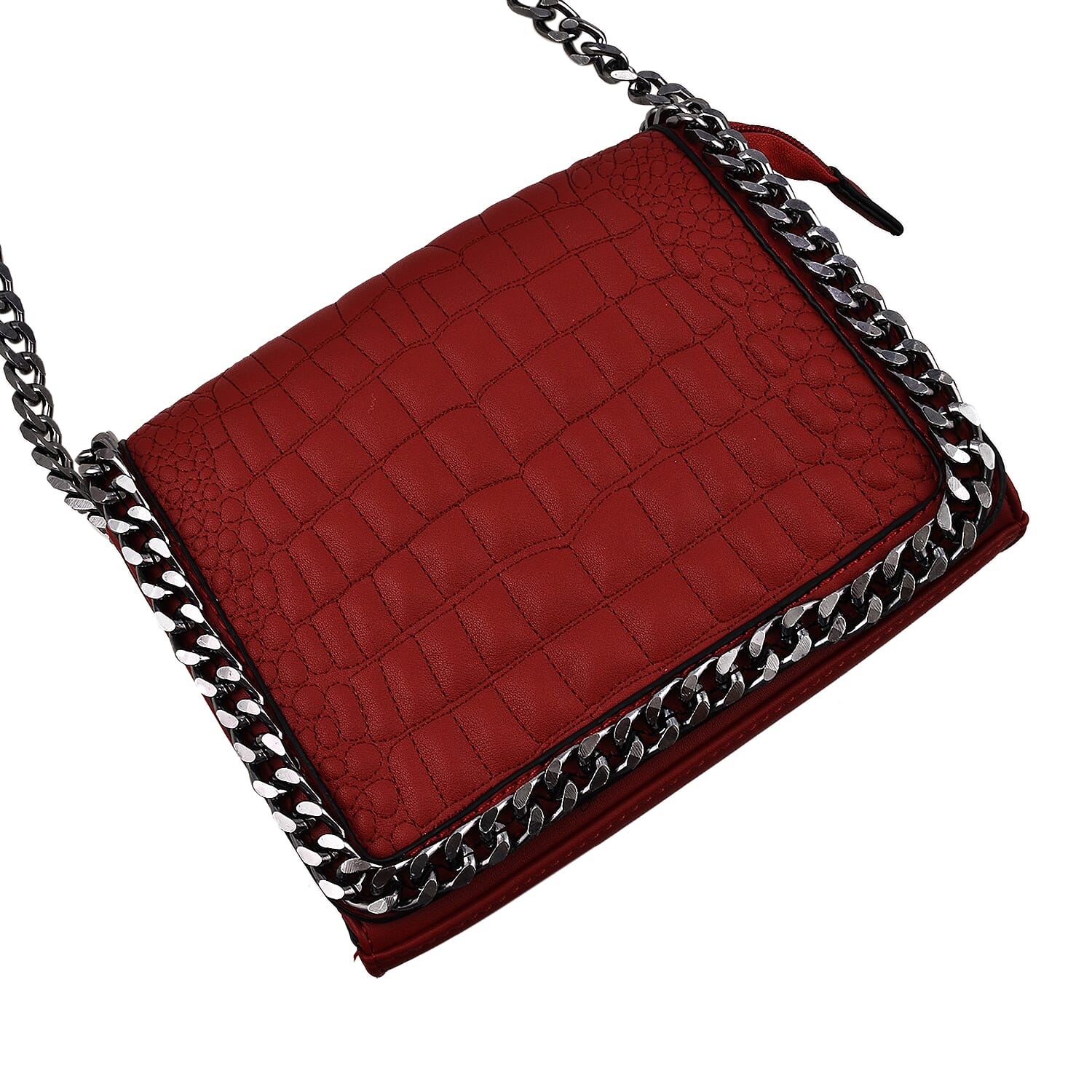 Hong Kong Closeout - Chain Trim Crossbody Handbag with Shoulder Strap - Burgundy