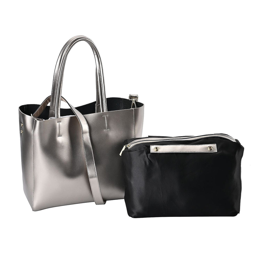 Hong Kong Closeout Genuine Leather 2- in-1 Tote Bag with Detachable Zipped Lining - Metallic Silver
