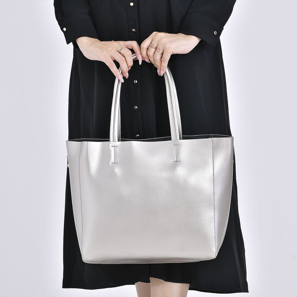 Hong Kong Closeout Genuine Leather 2- in-1 Tote Bag with Detachable Zipped Lining - Metallic Silver