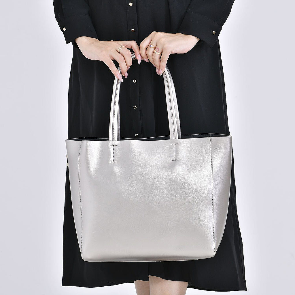 Hong Kong Closeout Genuine Leather 2- in-1 Tote Bag with Detachable Zipped Lining - Metallic Silver