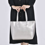 Hong Kong Closeout Genuine Leather 2- in-1 Tote Bag with Detachable Zipped Lining - Metallic Silver