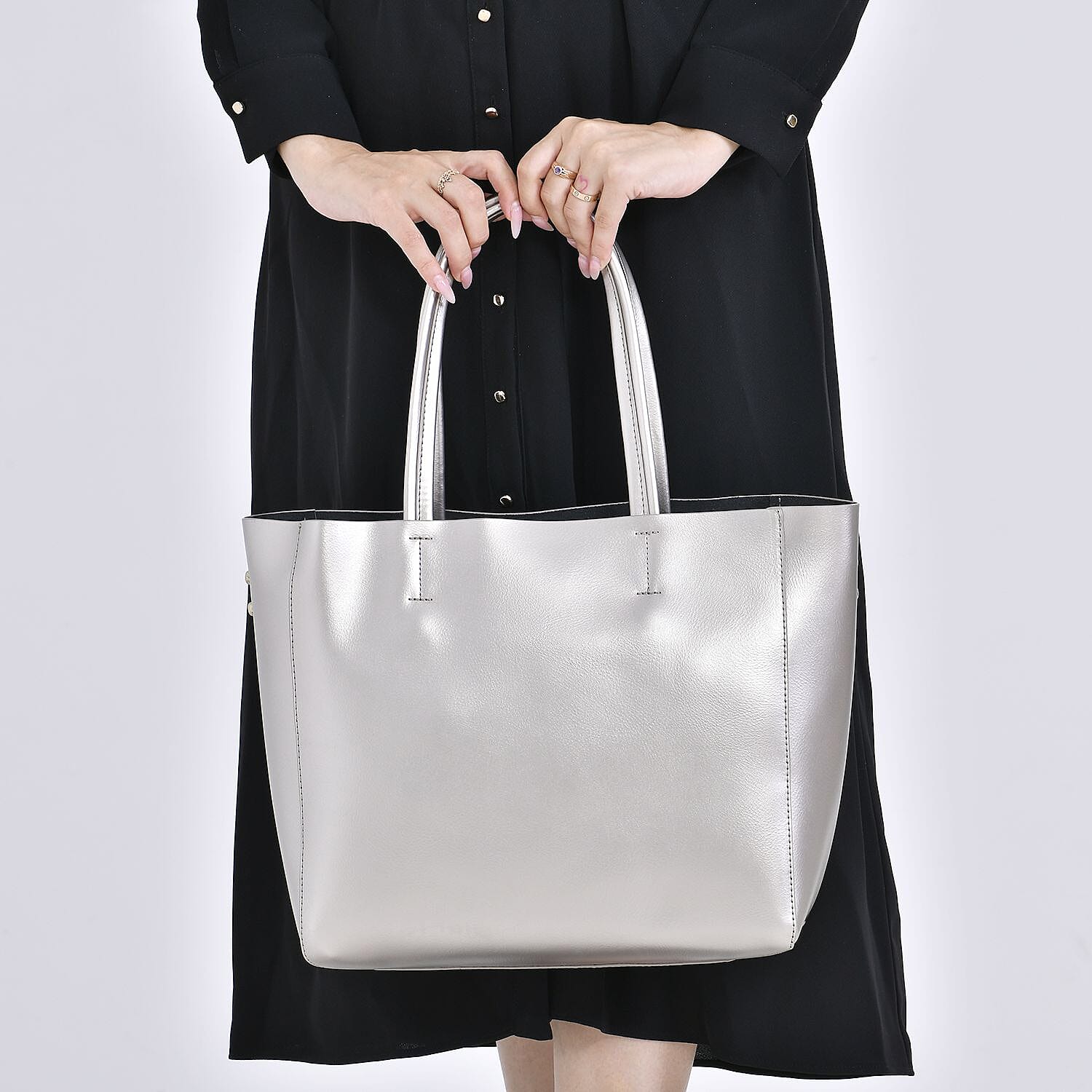 Hong Kong Closeout Genuine Leather 2- in-1 Tote Bag with Detachable Zipped Lining - Metallic Silver